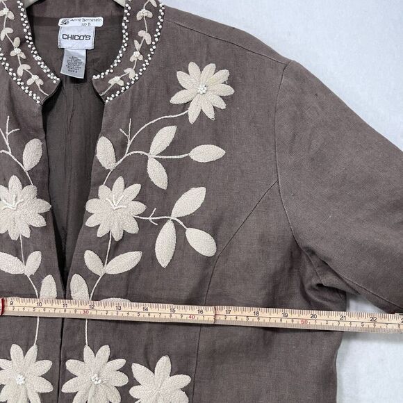 Chico's Jacket Women Large Brown 100% Linen Embroidered Floral Beaded Boxy Fit - Picture 7 of 11